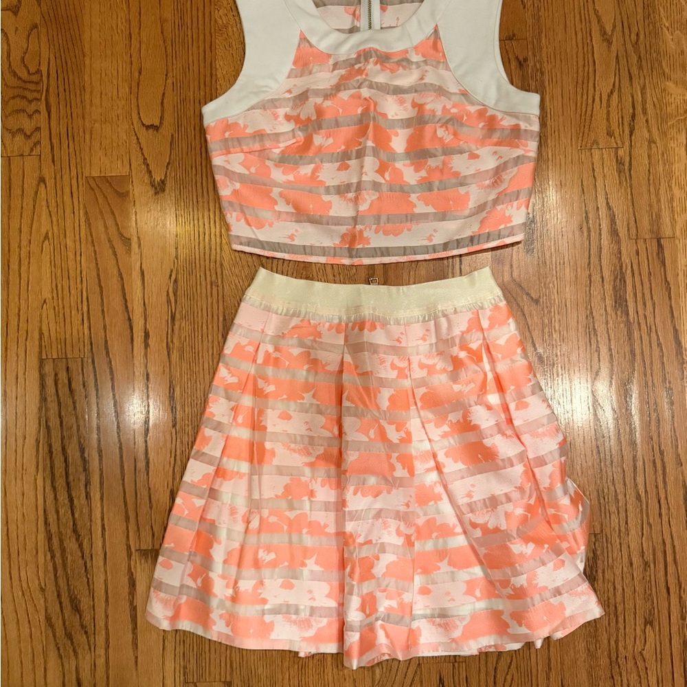 Vintage Bebe Pink/Orange and White Sleeveless Top and Skirt Set